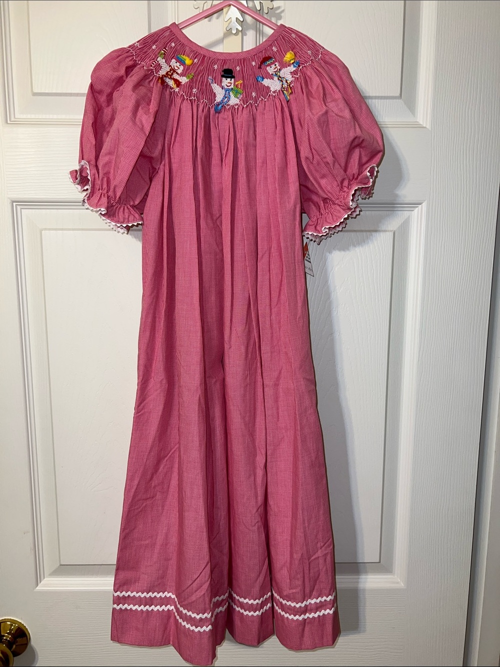 Pink Smocked Snowman Girls' Dress with Puff Sleeves